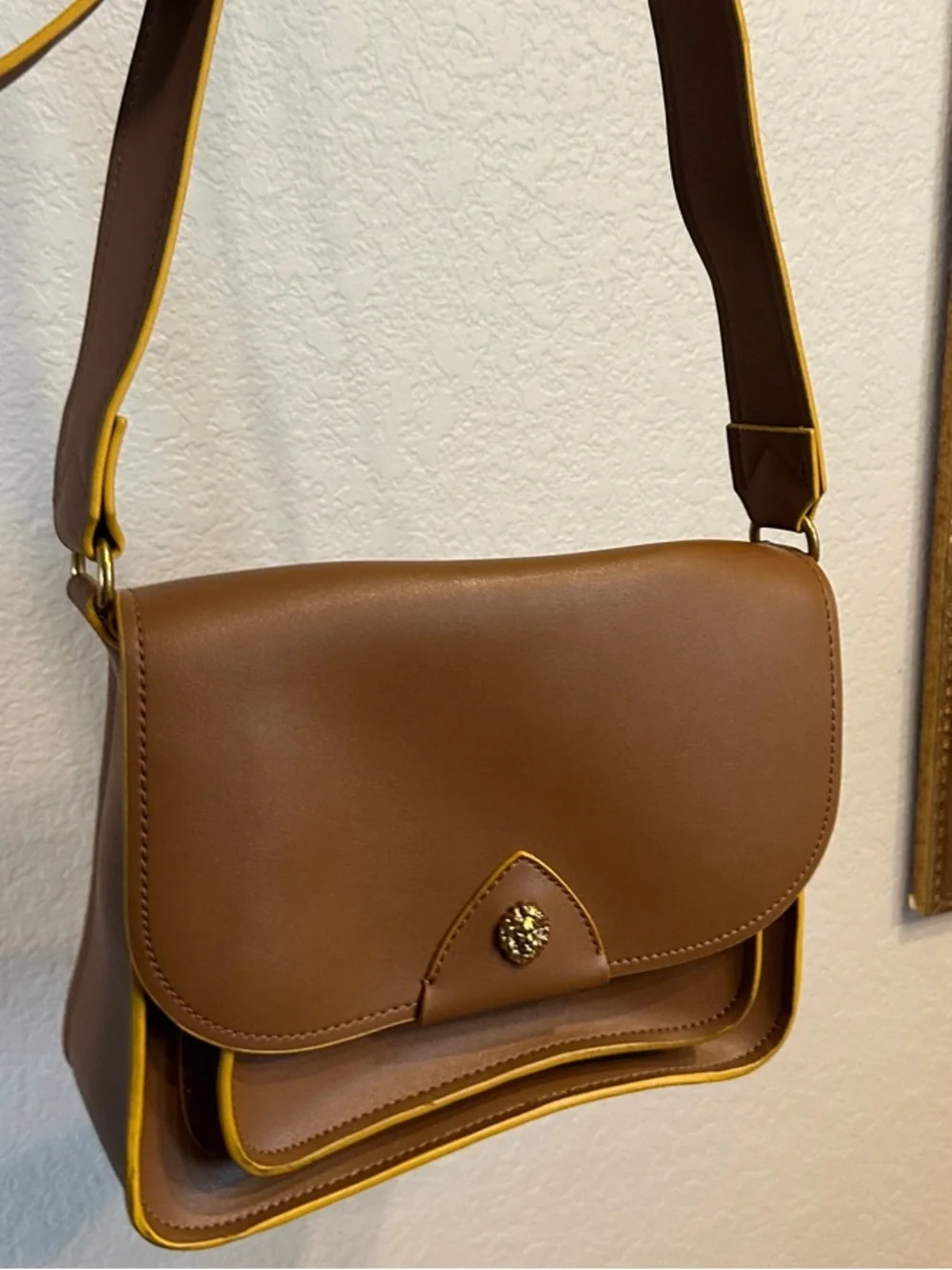 Anne Klein Brown Leather Crossbody Bag with Yellow Trim